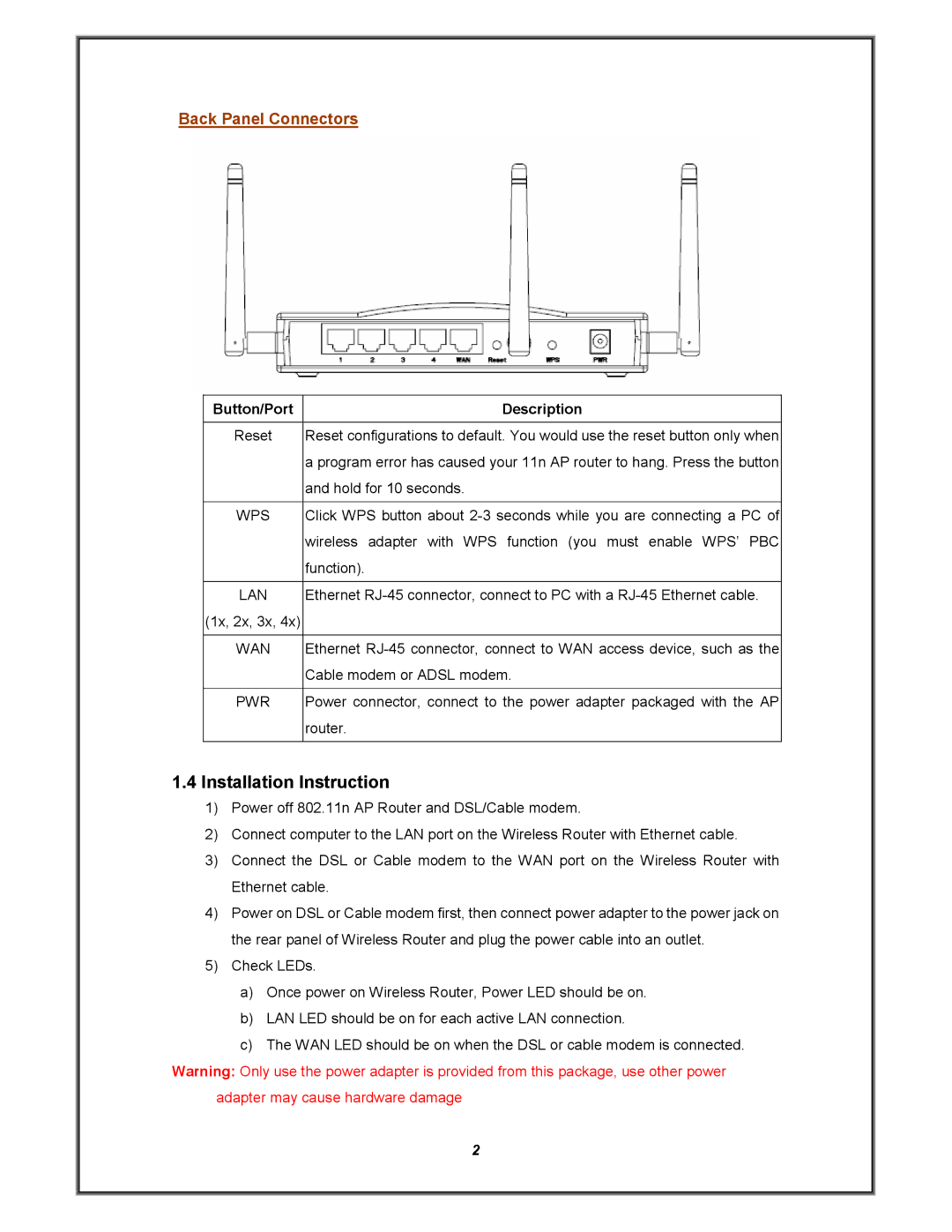 Advantek Networks AWN-11N-RT manual Installation Instruction, Back Panel Connectors, Wps 