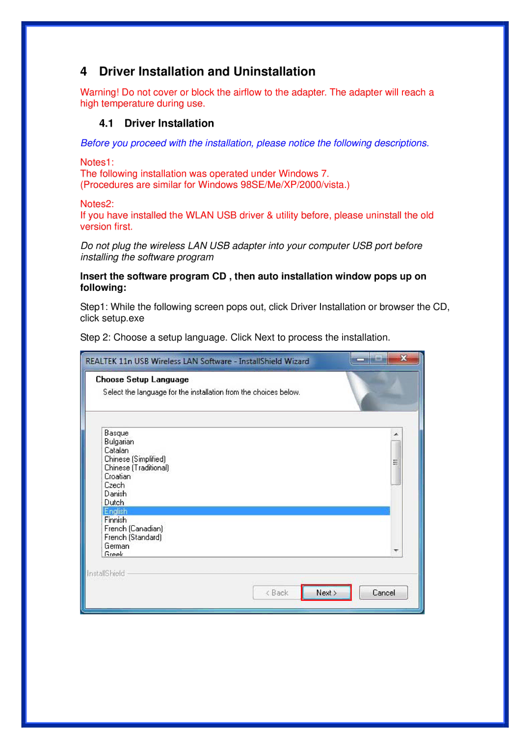 Advantek Networks AWN-11N-USB manual Driver Installation and Uninstallation 