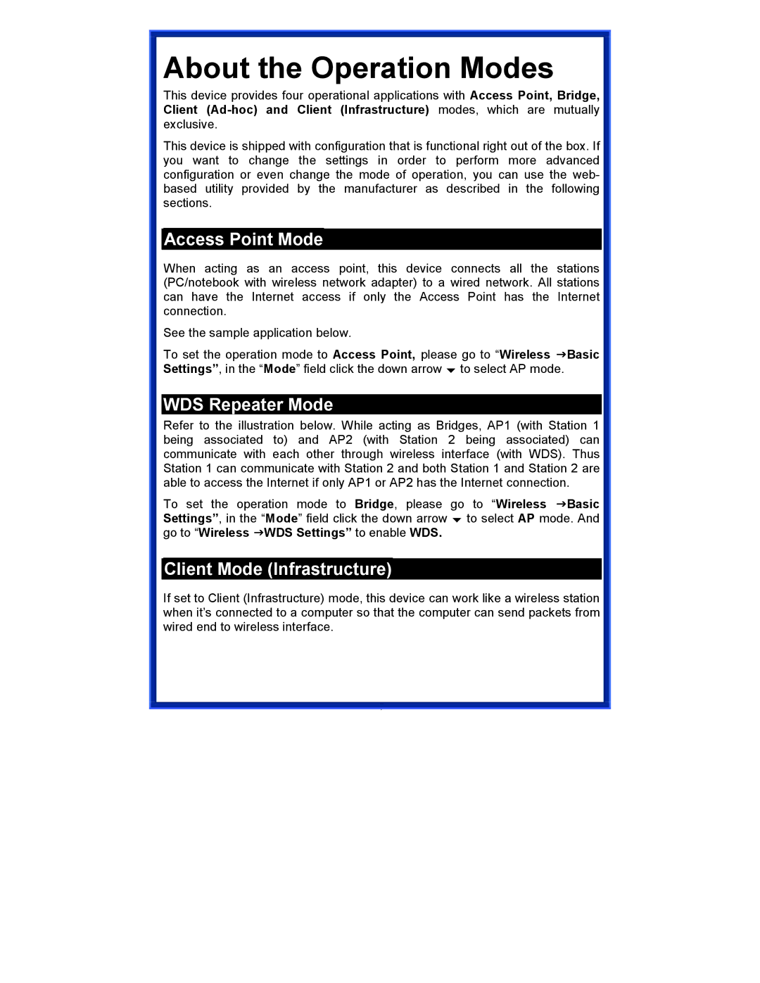 Advantek Networks AWN-AP-54MR user manual Access Point Mode, WDS Repeater Mode, Client Mode Infrastructure 