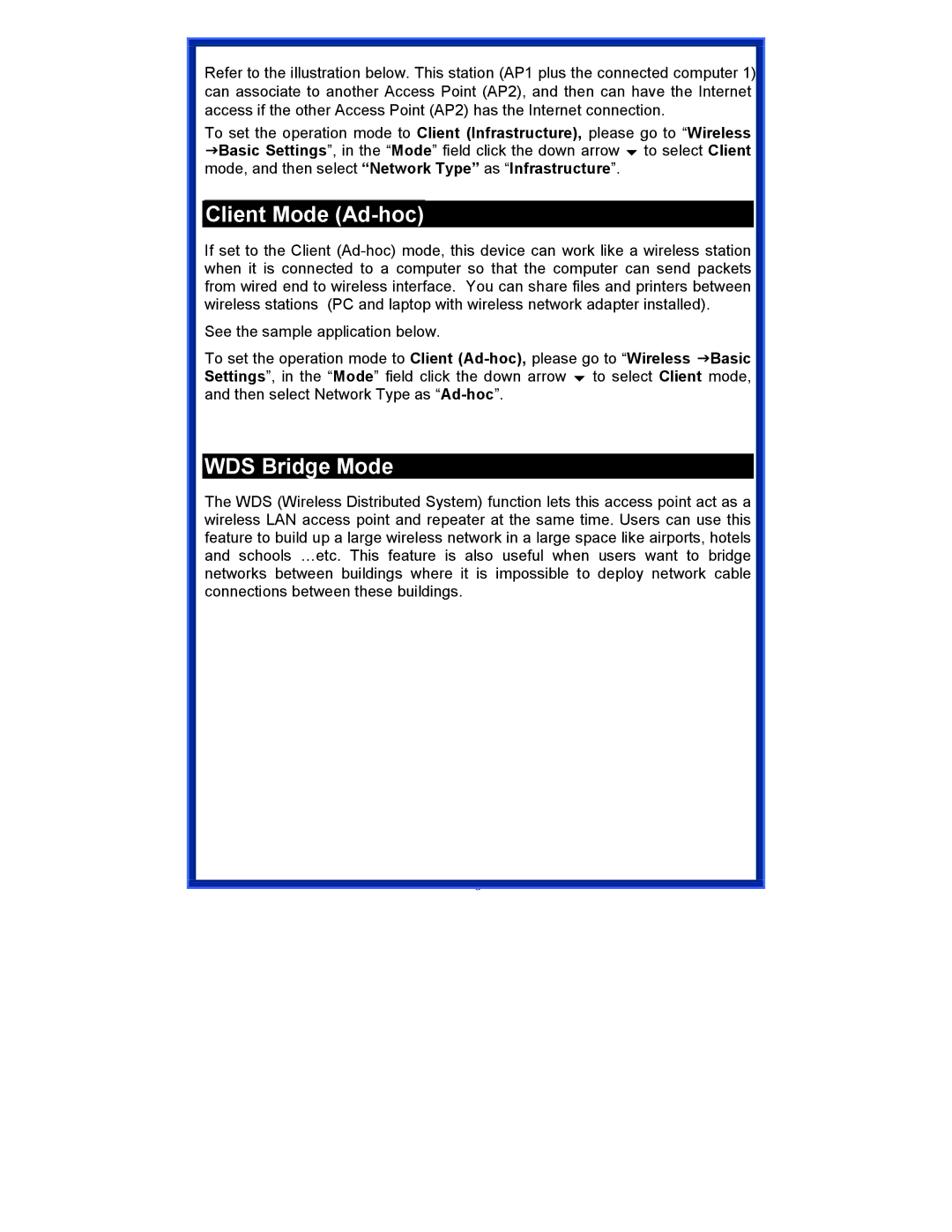 Advantek Networks AWN-AP-54MR user manual Client Mode Ad-hoc, WDS Bridge Mode 