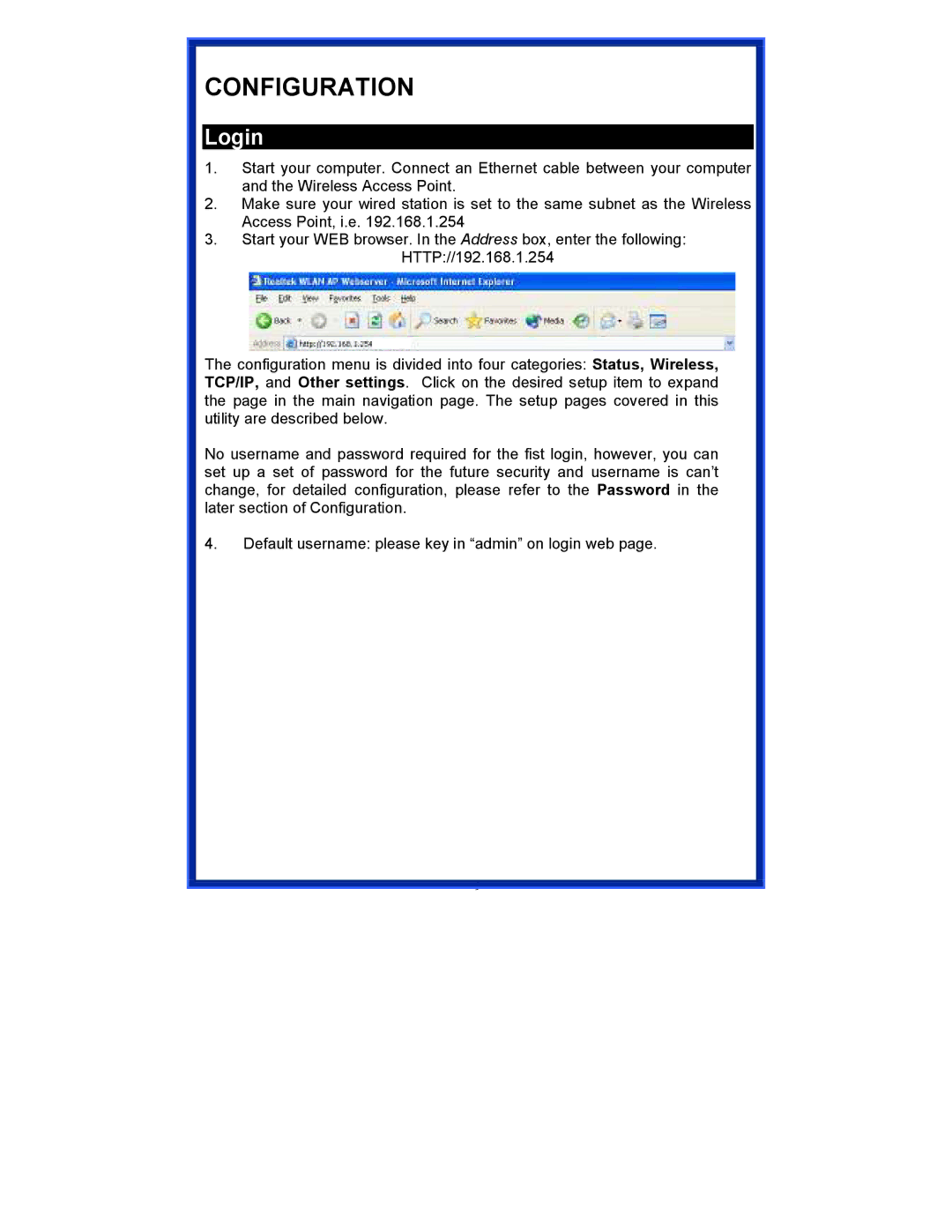 Advantek Networks AWN-AP-54MR user manual Configuration, Login 