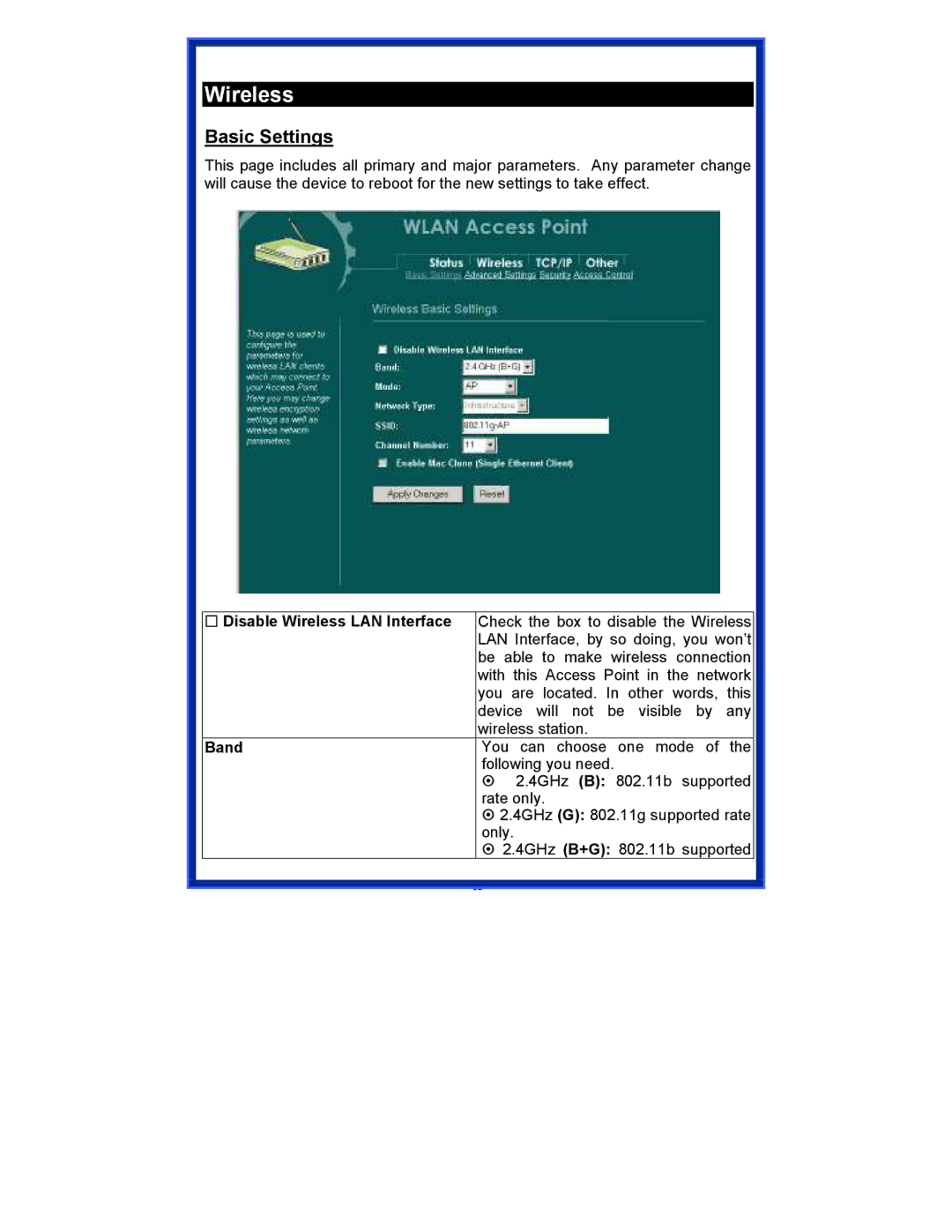 Advantek Networks AWN-AP-54MR user manual Wireless, Basic Settings 