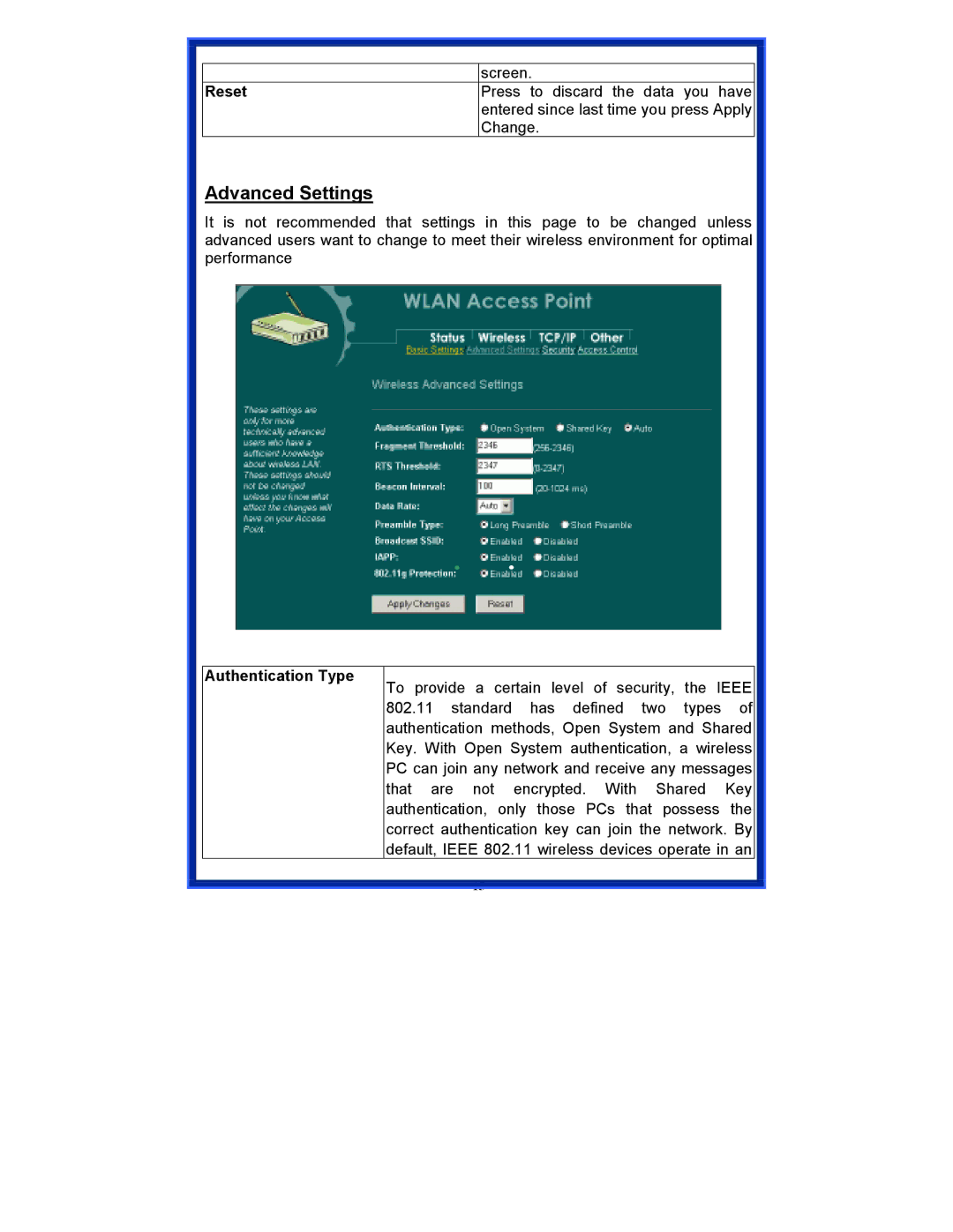 Advantek Networks AWN-AP-54MR user manual Advanced Settings 