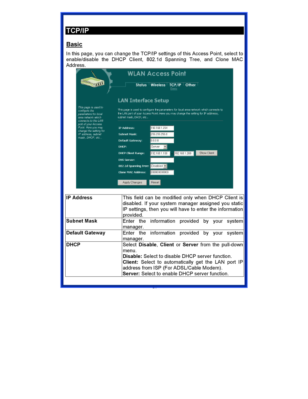 Advantek Networks AWN-AP-54MR user manual Basic, Dhcp 