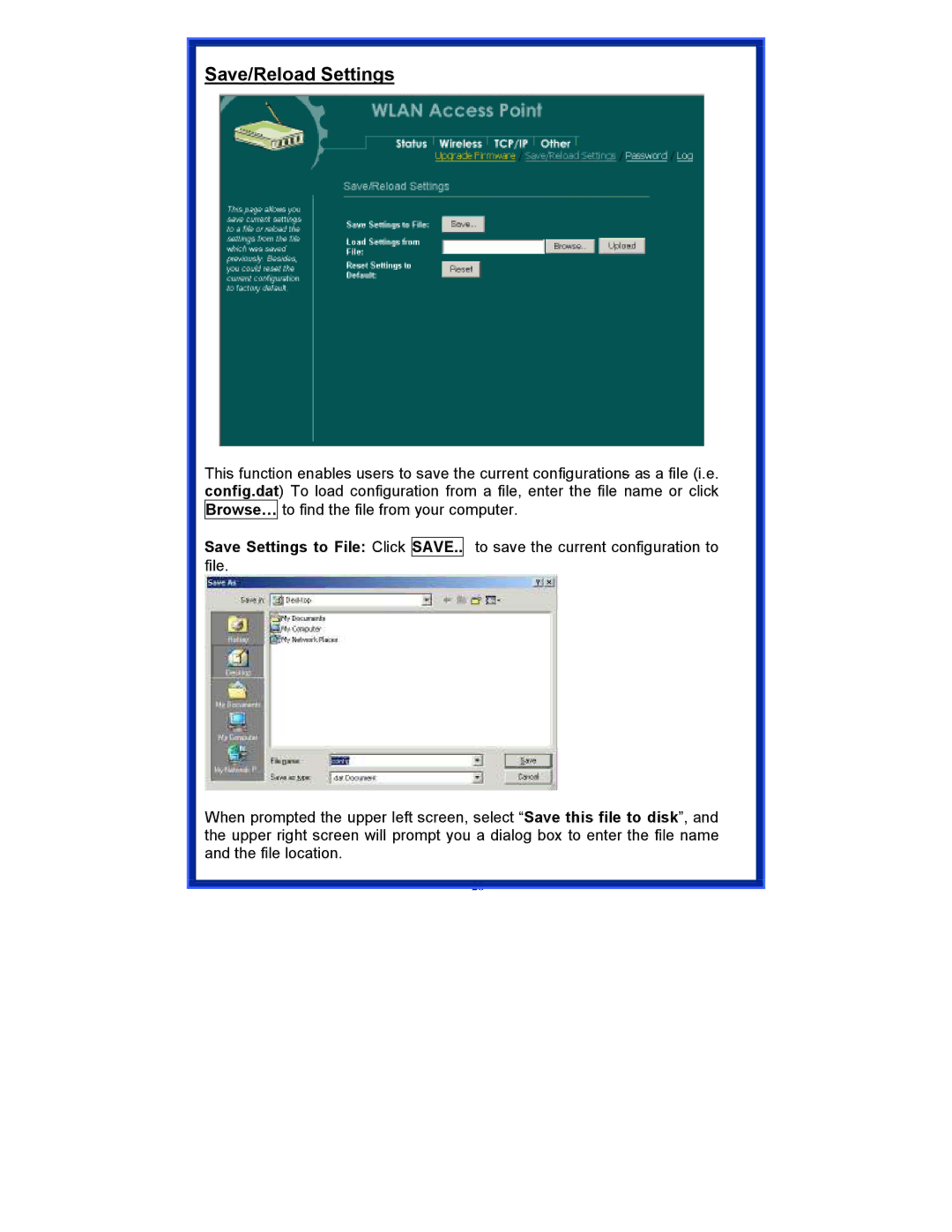 Advantek Networks AWN-AP-54MR user manual Save/Reload Settings 