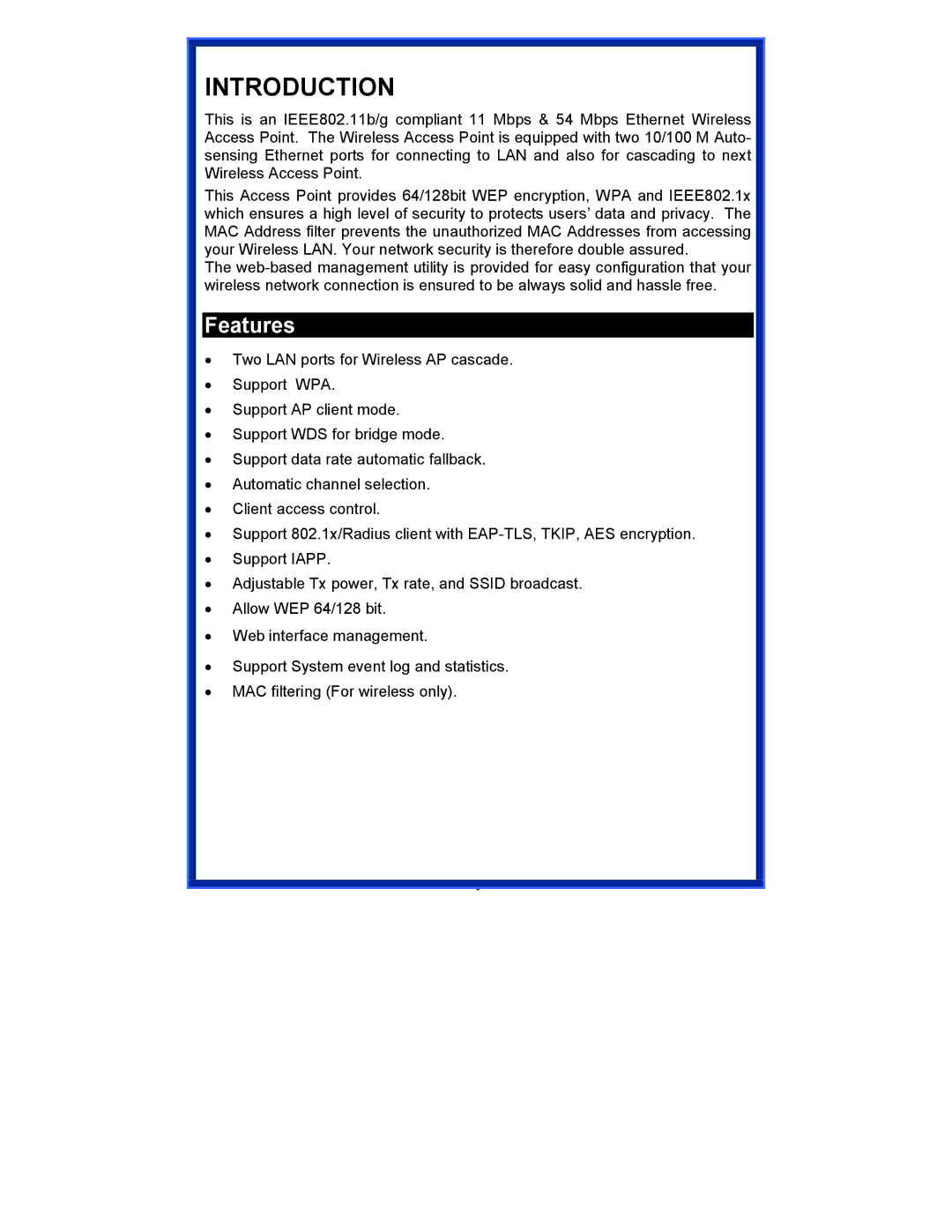 Advantek Networks AWN-AP-54MR user manual Introduction, Features 