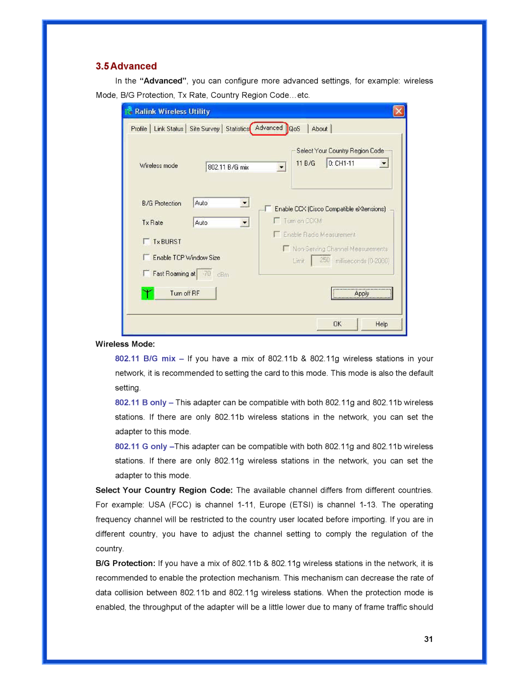 Advantek Networks AWN-MIMO-54RA user manual Advanced, Wireless Mode 