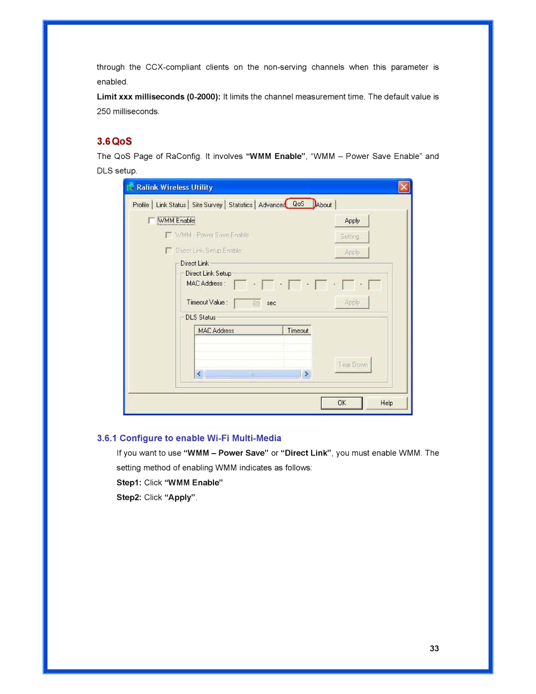 Advantek Networks AWN-MIMO-54RA user manual QoS, Click WMM Enable Click Apply 