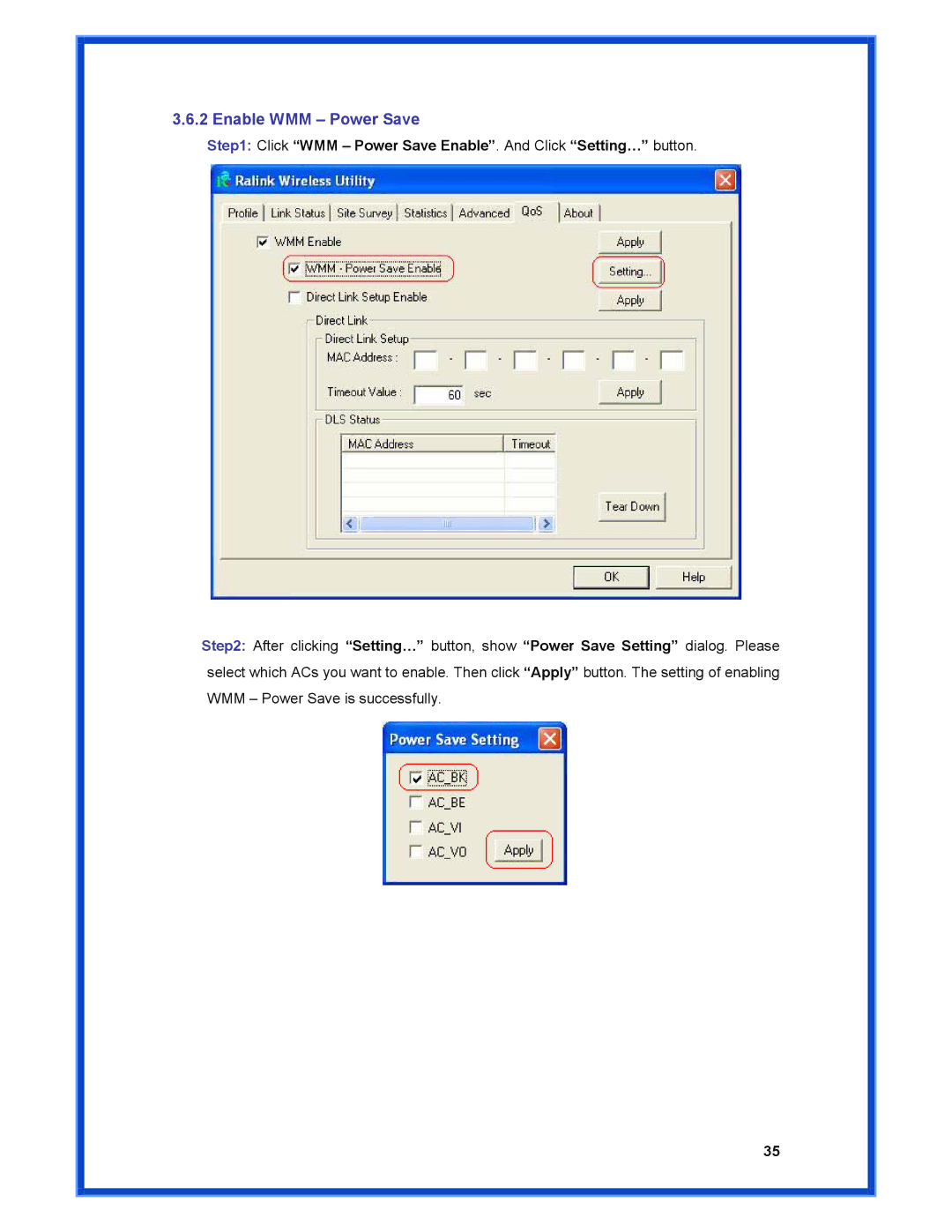 Advantek Networks AWN-MIMO-54RA user manual Enable WMM Power Save, Click WMM Power Save Enable. And Click Setting… button 