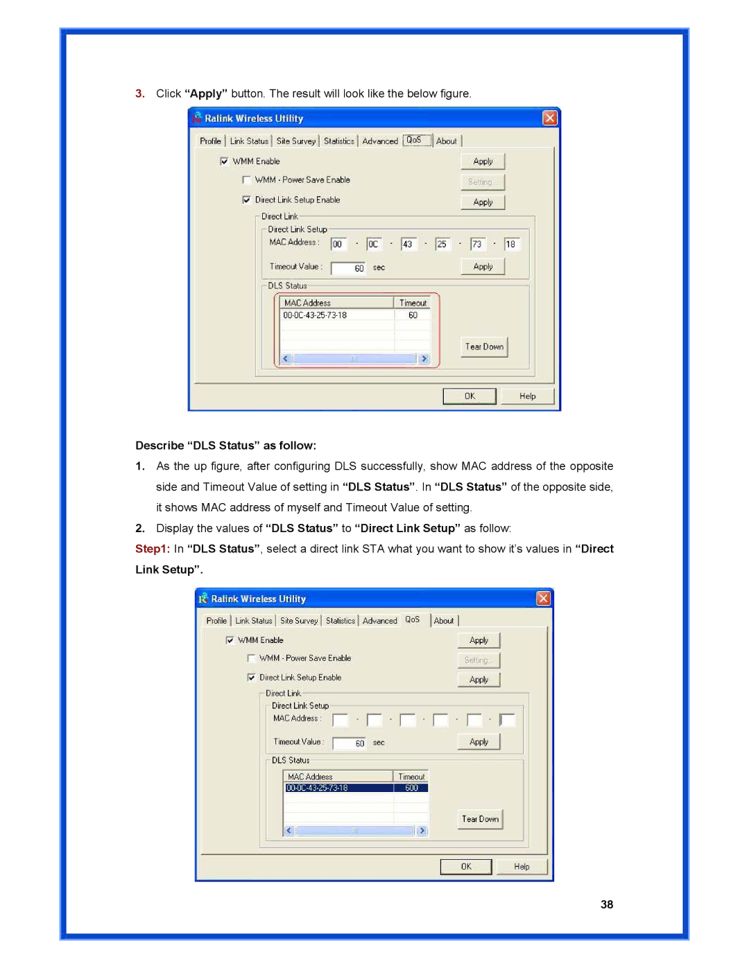 Advantek Networks AWN-MIMO-54RA user manual Describe DLS Status as follow, Link Setup 