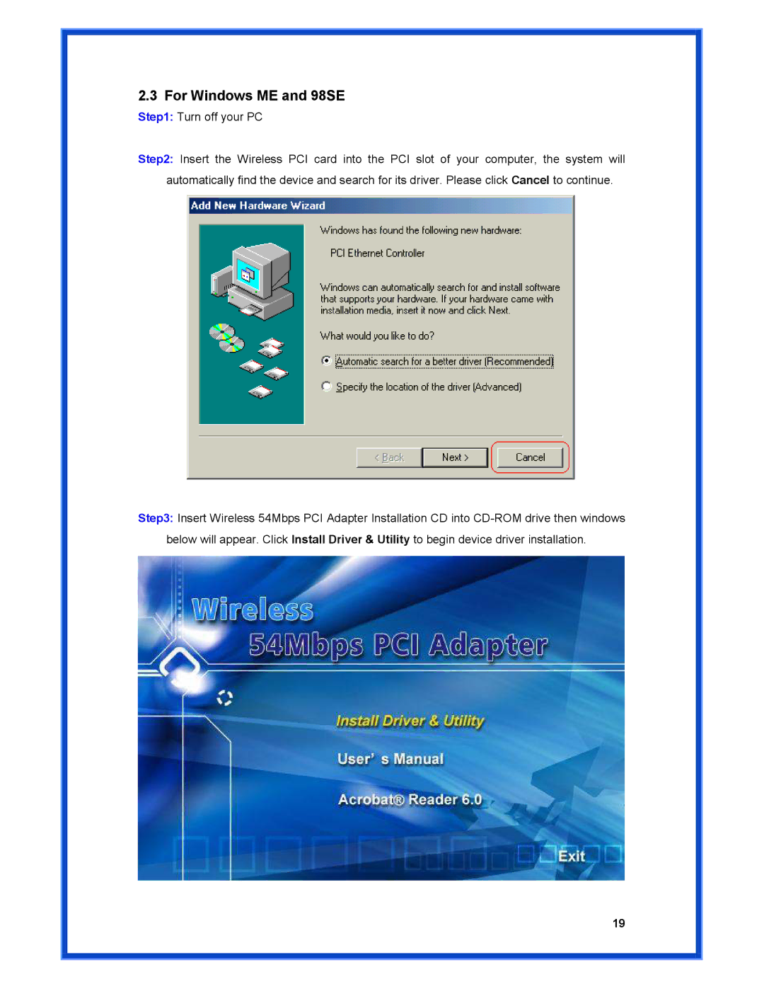 Advantek Networks AWN-PCI-54R user manual For Windows ME and 98SE 