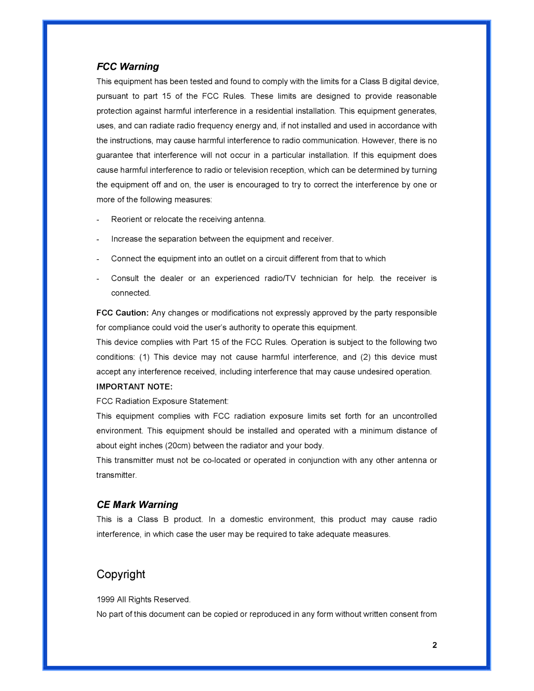 Advantek Networks AWN-PCI-54R user manual Copyright, FCC Warning, CE Mark Warning 