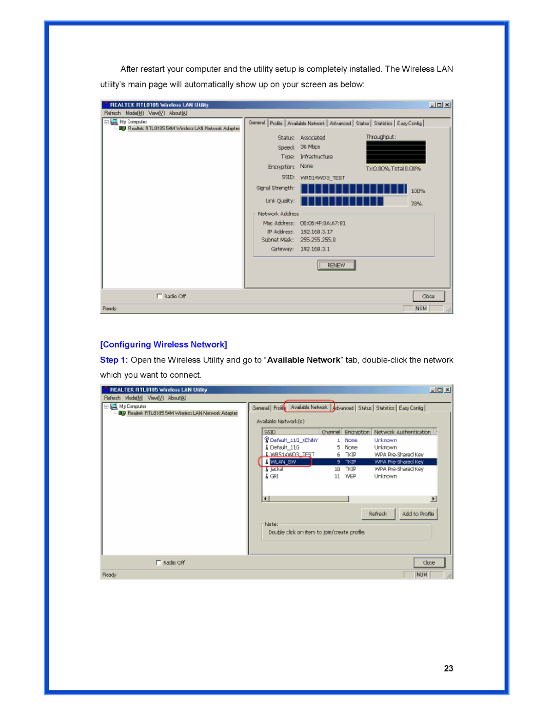 Advantek Networks AWN-PCI-54R user manual Configuring Wireless Network 