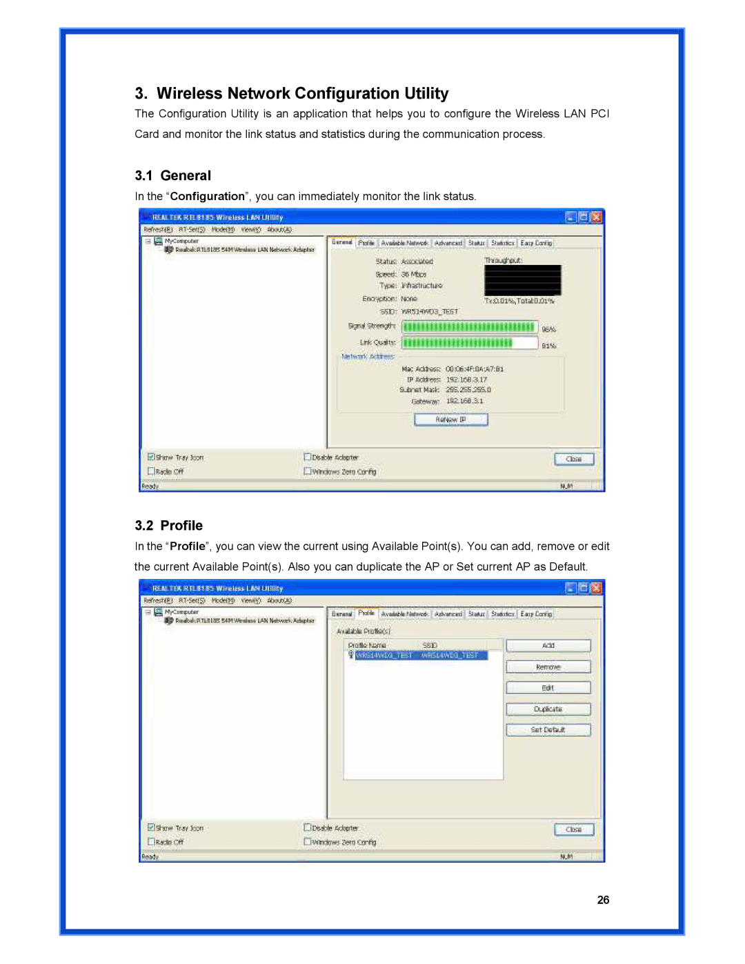 Advantek Networks AWN-PCI-54R user manual Wireless Network Configuration Utility, General, Profile 