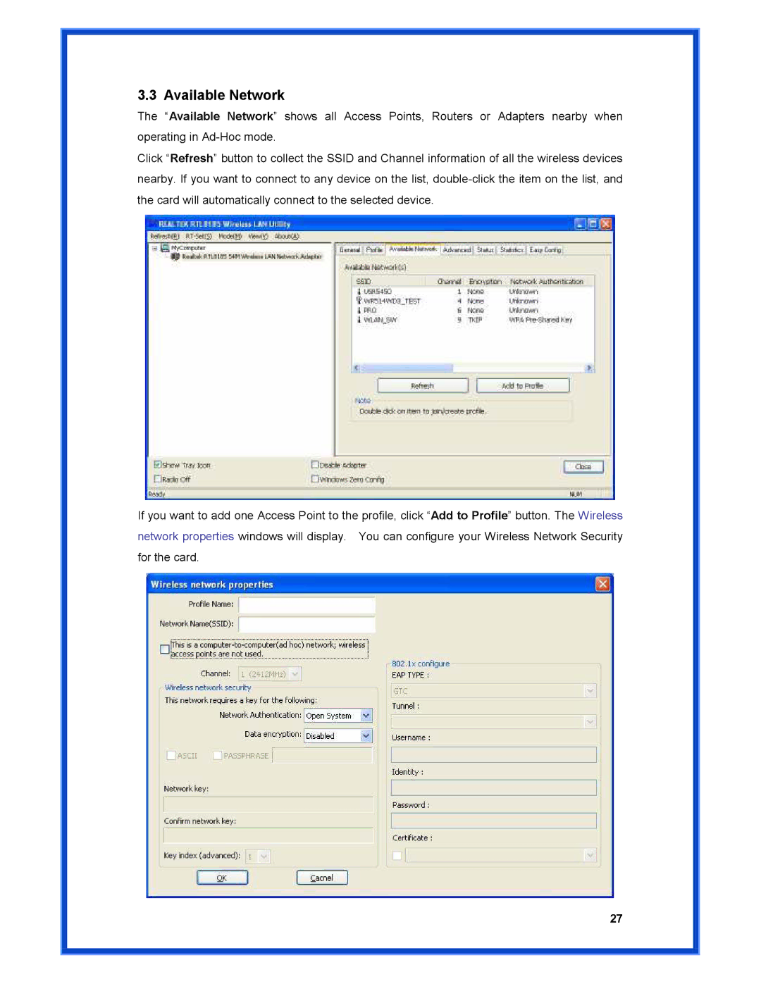 Advantek Networks AWN-PCI-54R user manual Available Network 