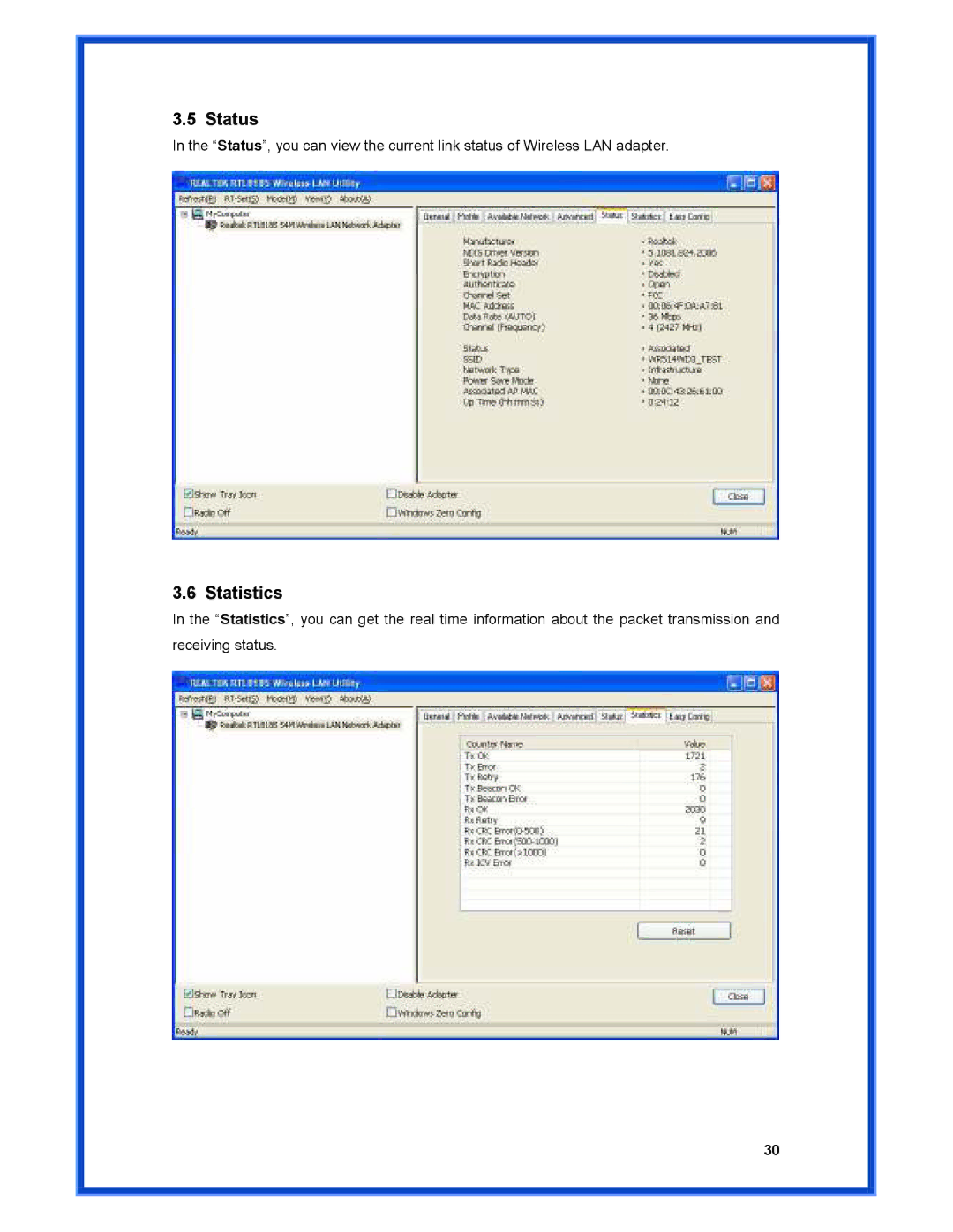 Advantek Networks AWN-PCI-54R user manual Status, Statistics 