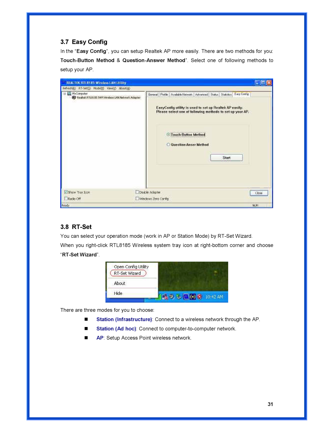 Advantek Networks AWN-PCI-54R user manual Easy Config, RT-Set 