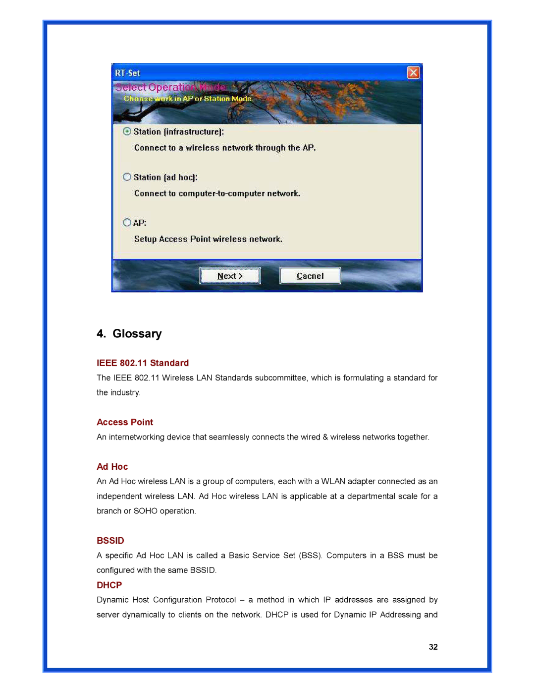 Advantek Networks AWN-PCI-54R user manual Glossary, Ieee 802.11 Standard 