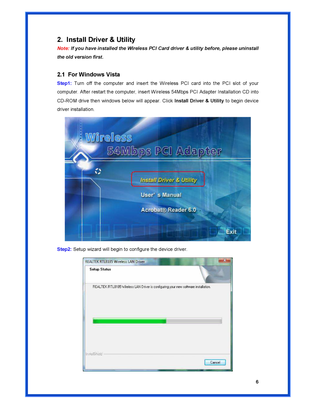 Advantek Networks AWN-PCI-54R user manual Install Driver & Utility, For Windows Vista 