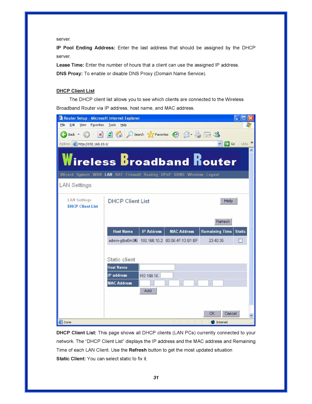 Advantek Networks AWR-MIMO-54RA user manual Dhcp Client List 