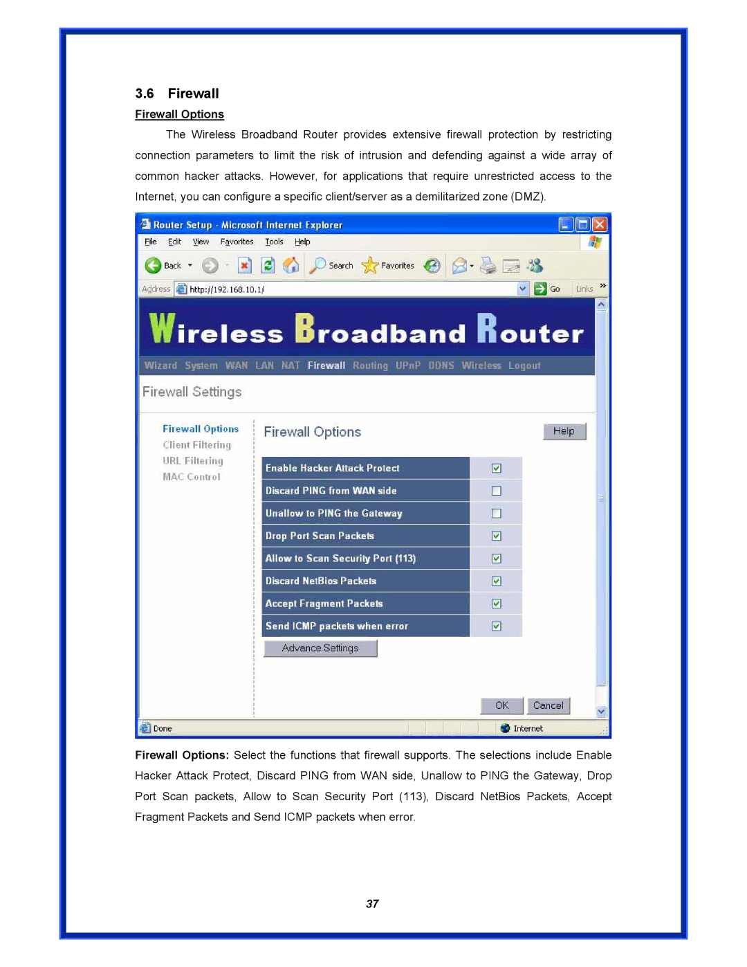 Advantek Networks AWR-MIMO-54RA user manual Firewall Options 