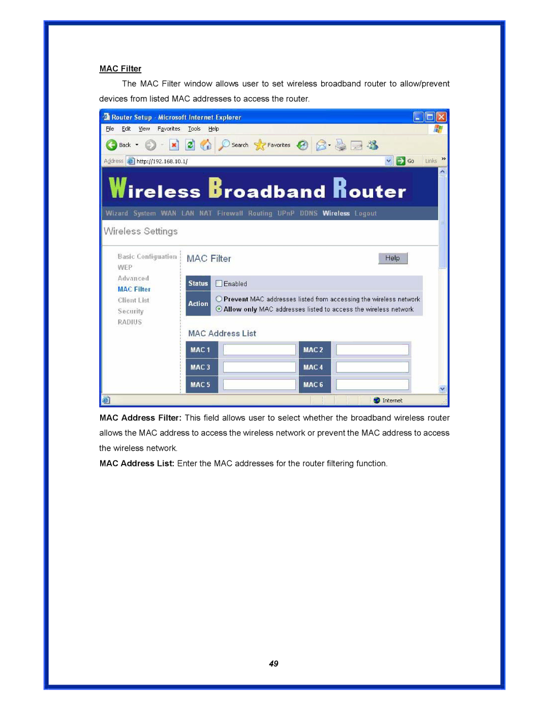 Advantek Networks AWR-MIMO-54RA user manual MAC Filter 