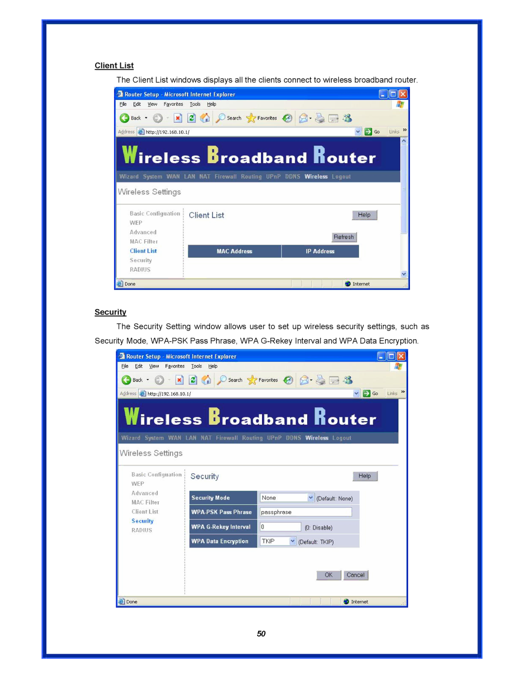 Advantek Networks AWR-MIMO-54RA user manual Client List, Security 