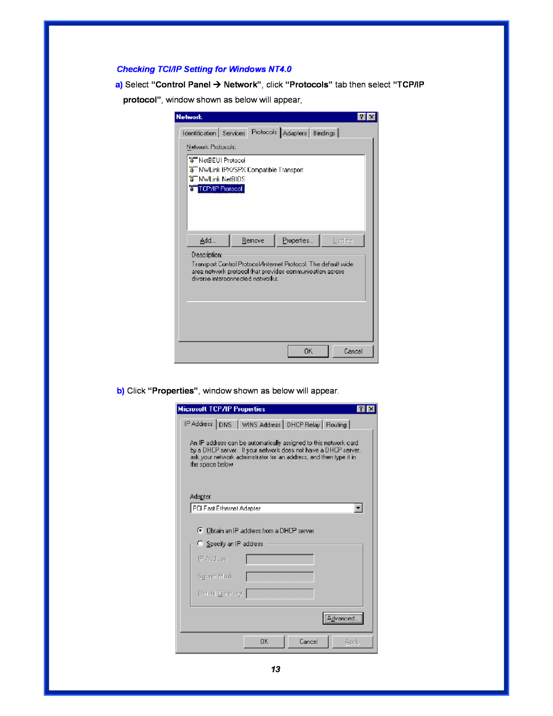Advantek Networks AWR-MIMO-54RA user manual Checking TCI/IP Setting for Windows NT4.0 