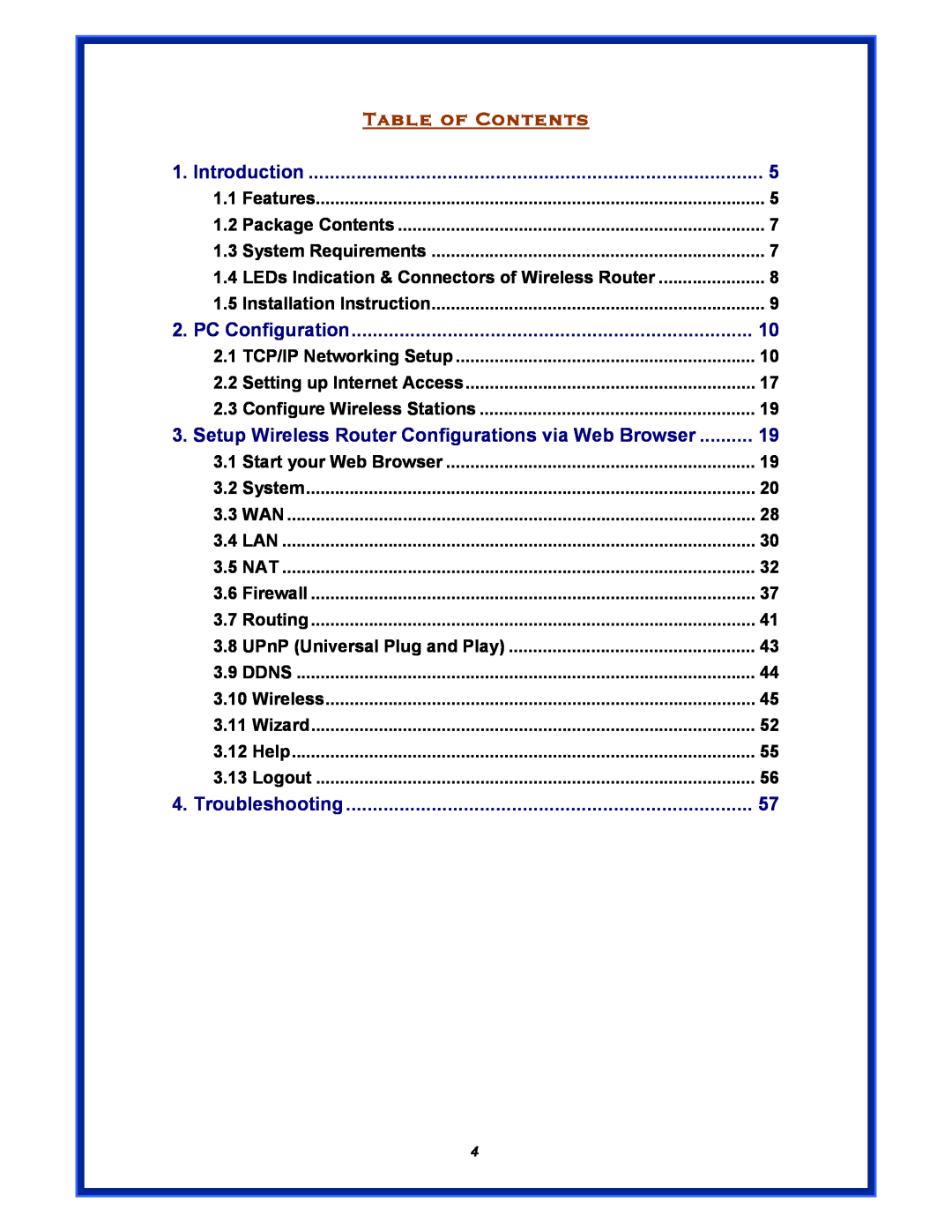 Advantek Networks AWR-MIMO-54RA user manual Table of Contents, Introduction, PC Configuration, Troubleshooting 