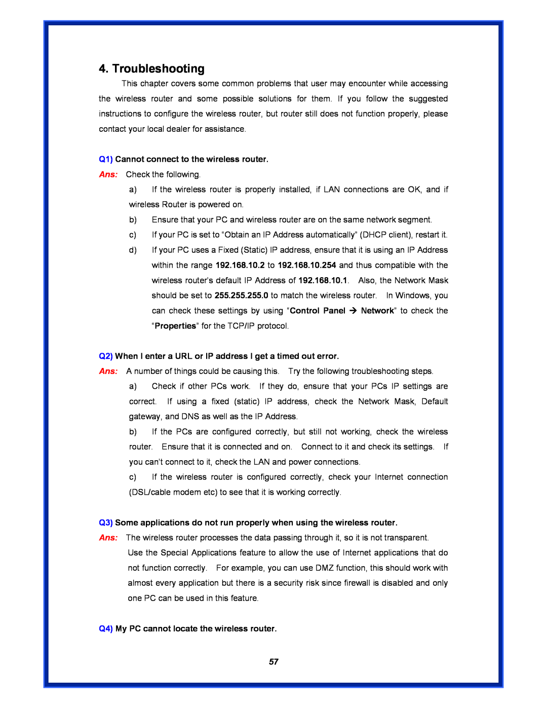 Advantek Networks AWR-MIMO-54RA user manual Troubleshooting, Q1 Cannot connect to the wireless router 