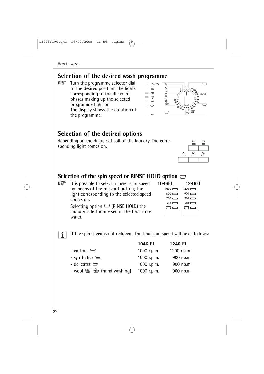 AEG manual Selection of the desired options, Selection of the spin speed or Rinse Hold option, 1046 EL 1246 EL 