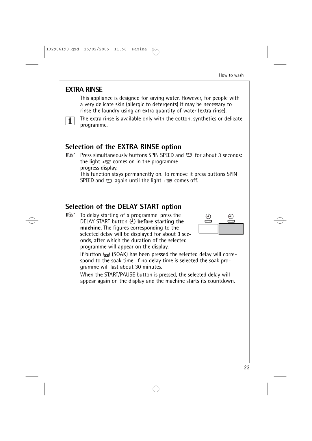 AEG 1246 EL, 1046 EL manual Selection of the Extra Rinse option, Selection of the Delay Start option, Before starting 