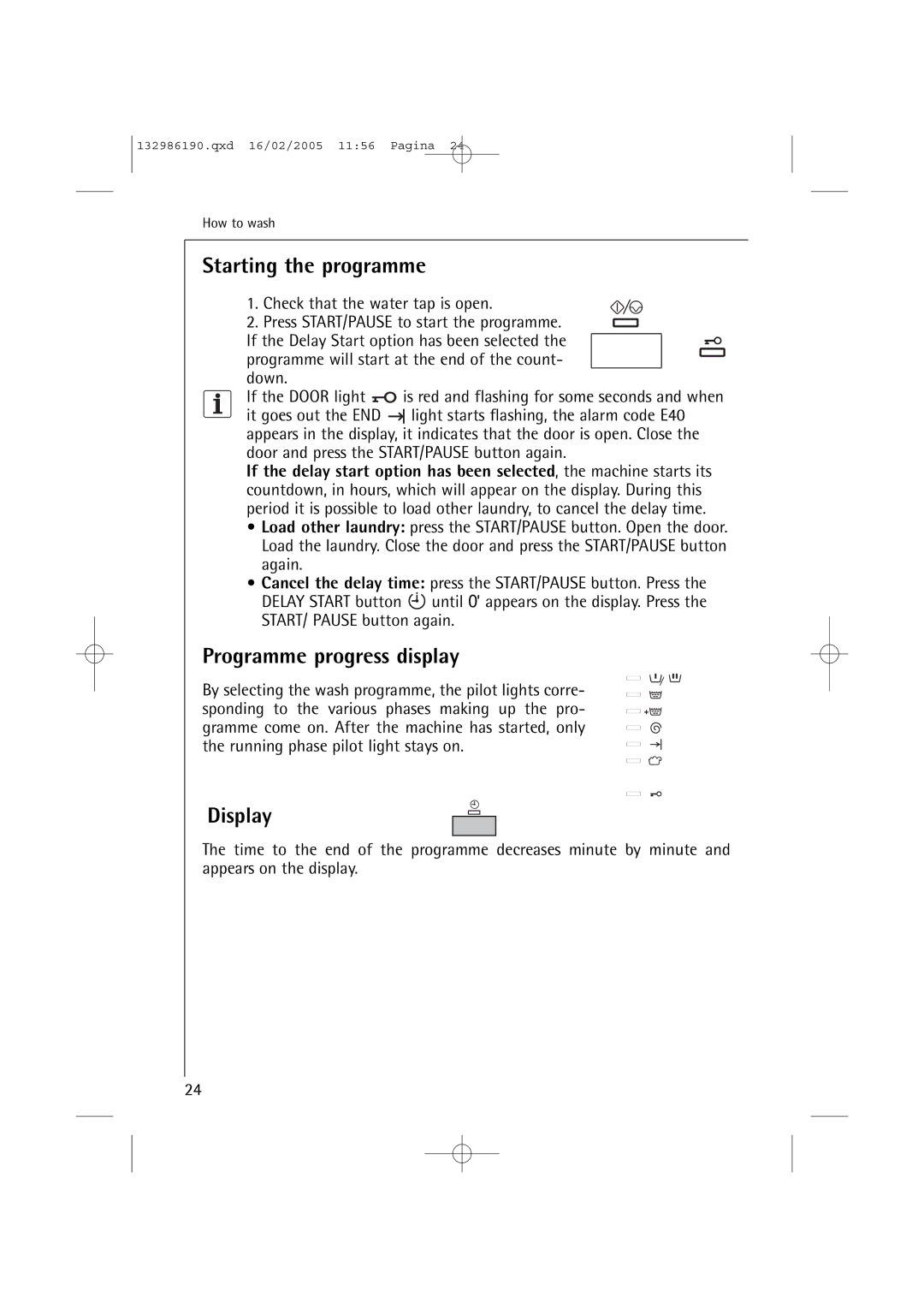 AEG 1046 EL, 1246 EL manual Starting the programme, Programme progress display 