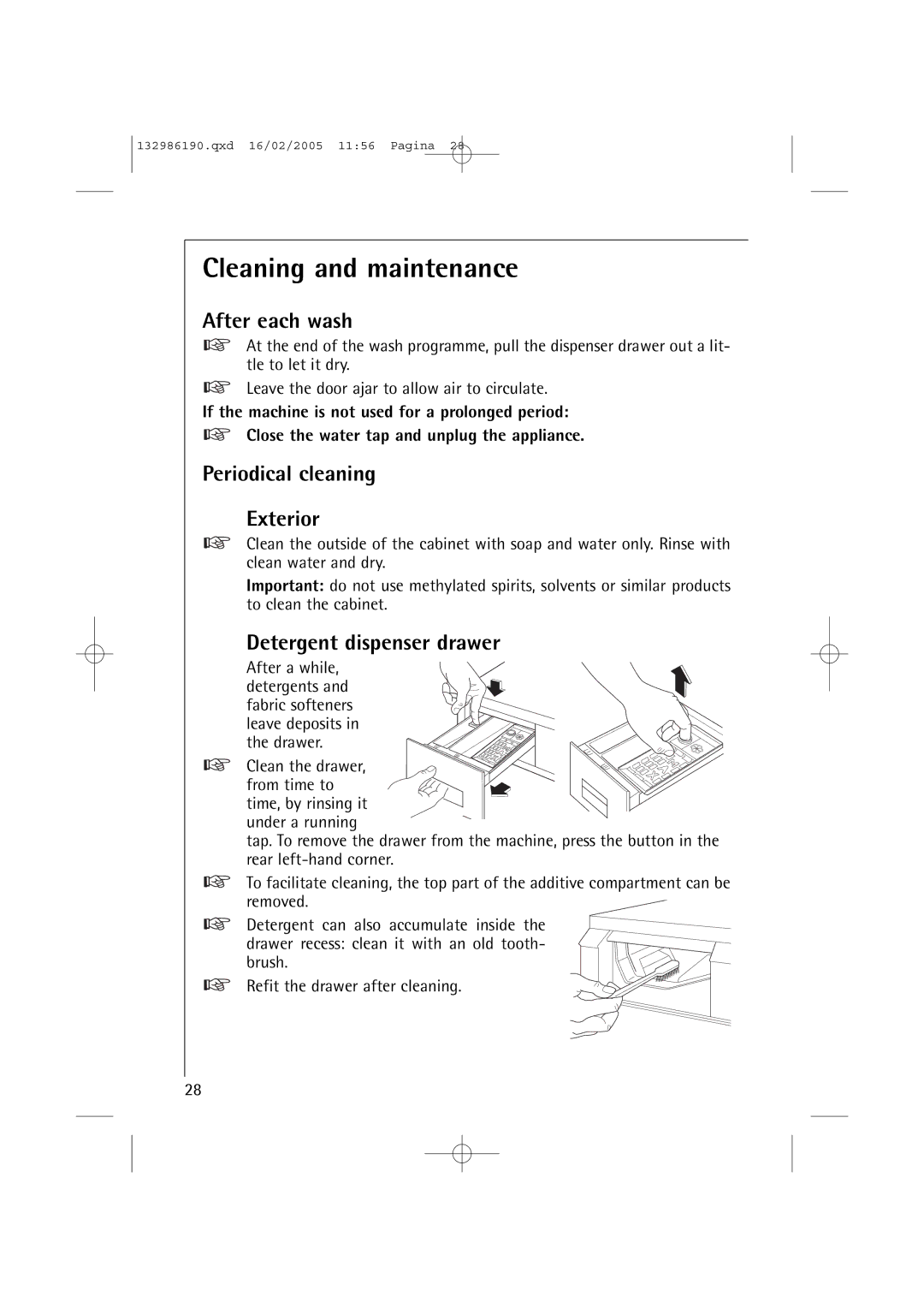 AEG 1046 EL, 1246 EL Cleaning and maintenance, After each wash, Periodical cleaning Exterior, Detergent dispenser drawer 