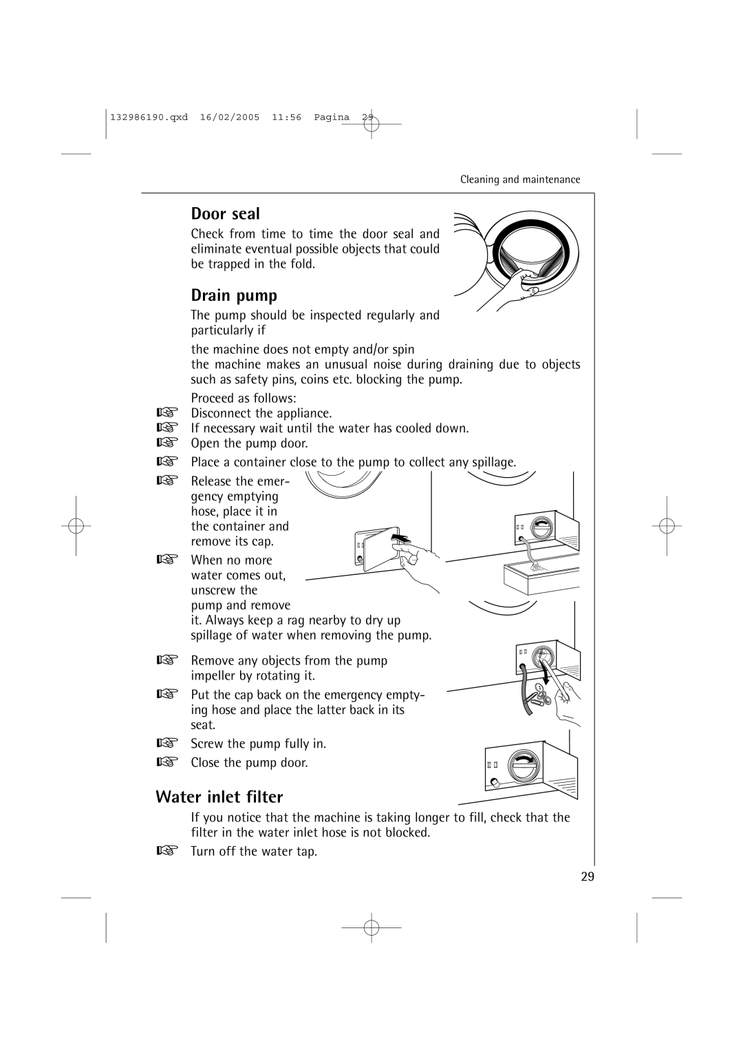 AEG 1246 EL, 1046 EL manual Door seal, Drain pump, Water inlet filter 