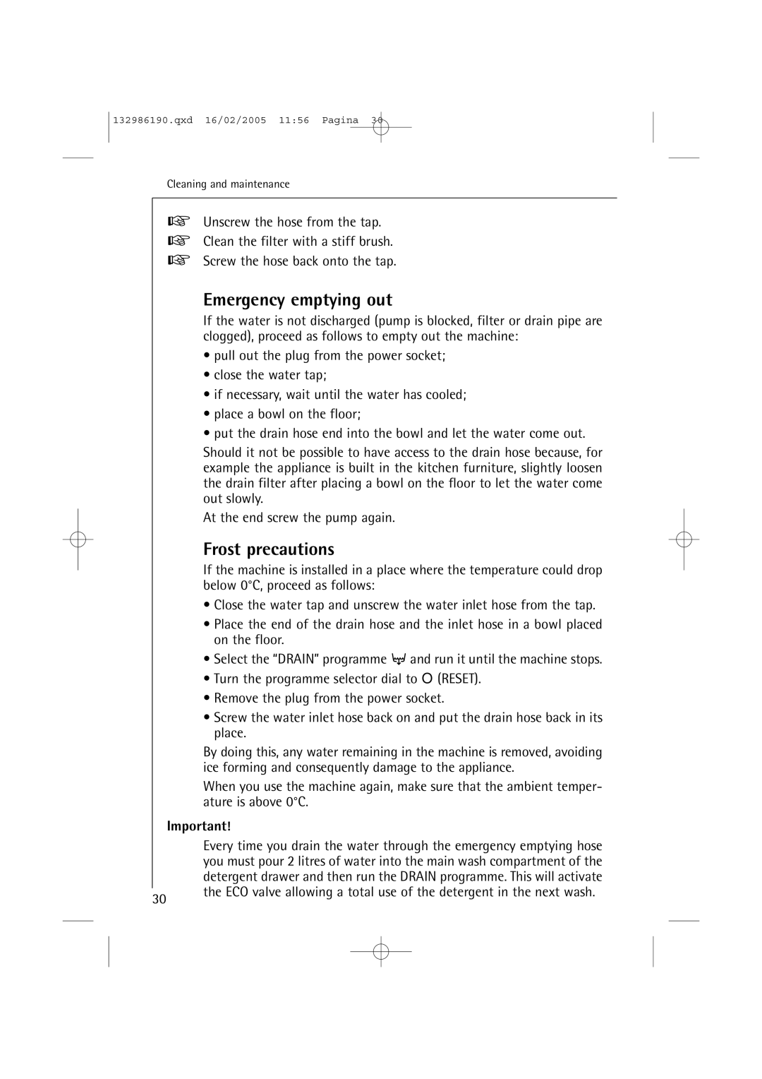 AEG 1046 EL, 1246 EL manual Emergency emptying out, Frost precautions 