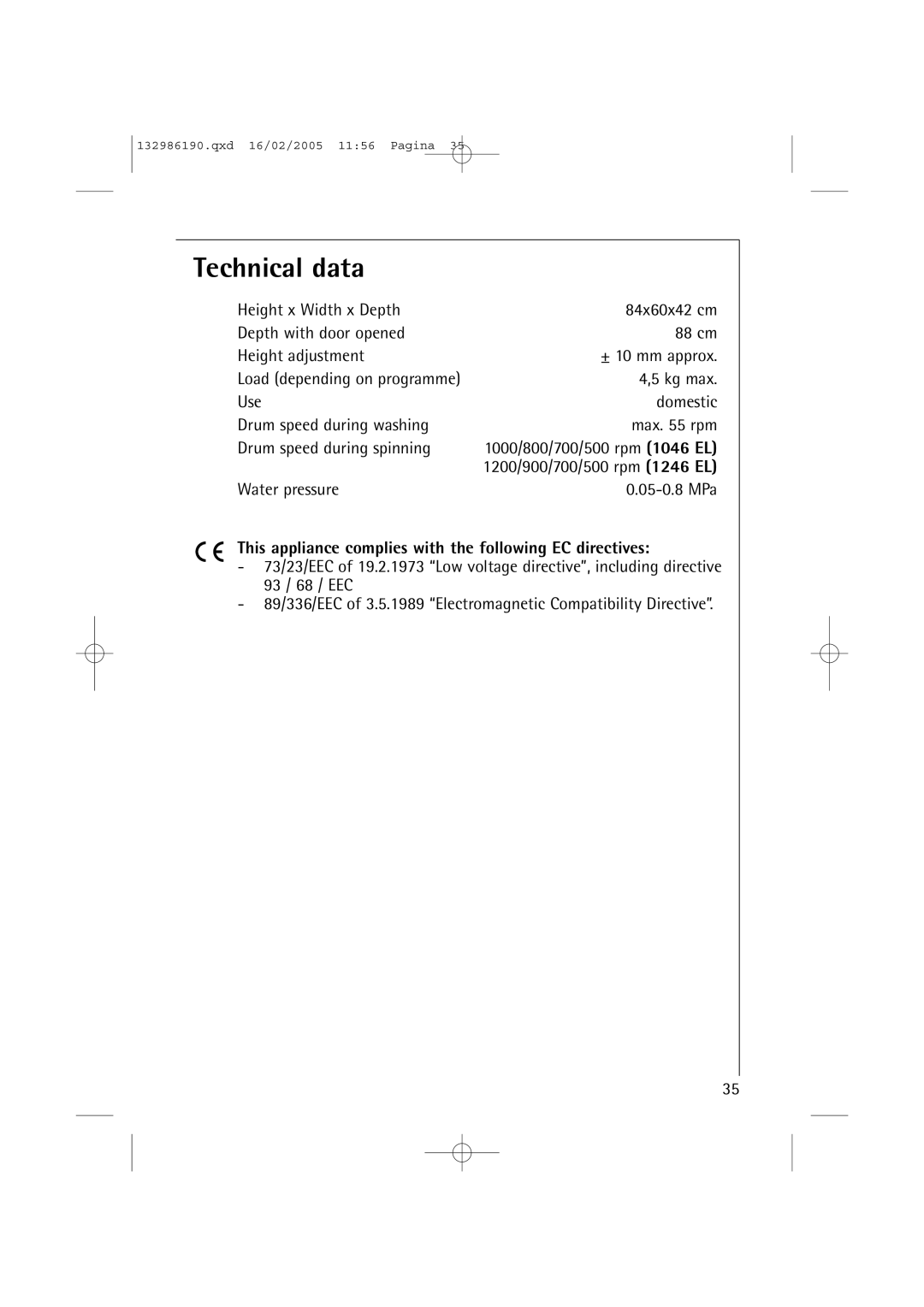 AEG 1246 EL, 1046 EL manual Technical data, This appliance complies with the following EC directives 