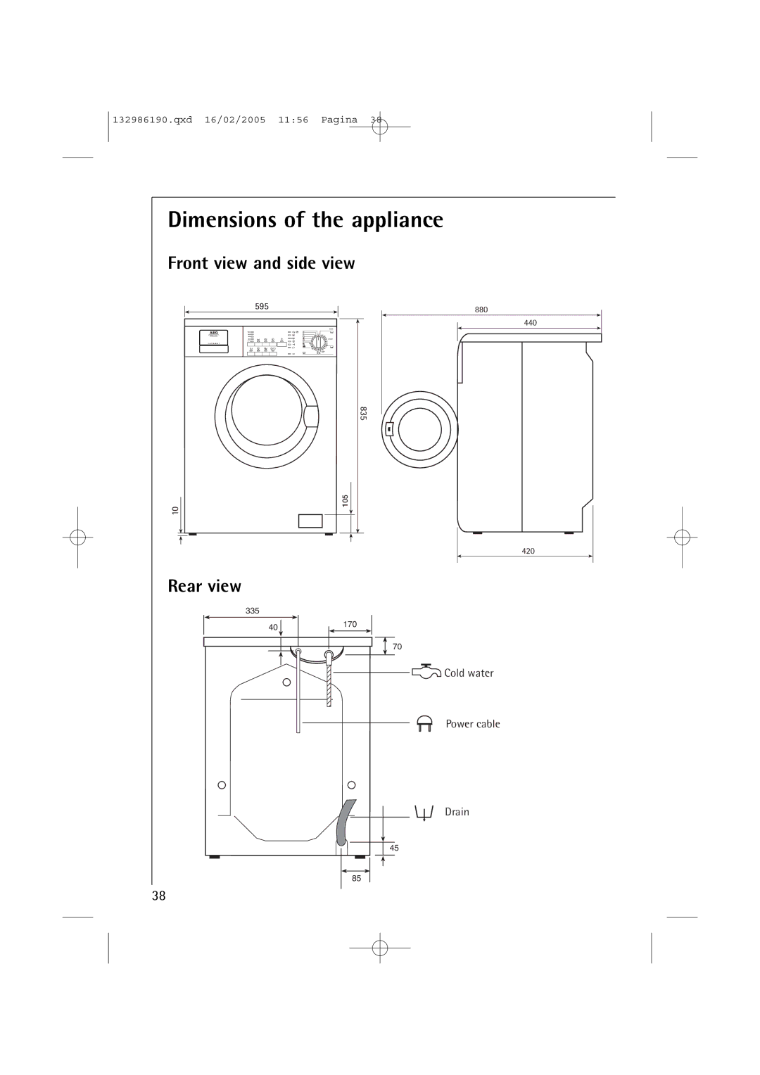 AEG 1046 EL, 1246 EL manual Dimensions of the appliance, Front view and side view, Rear view 