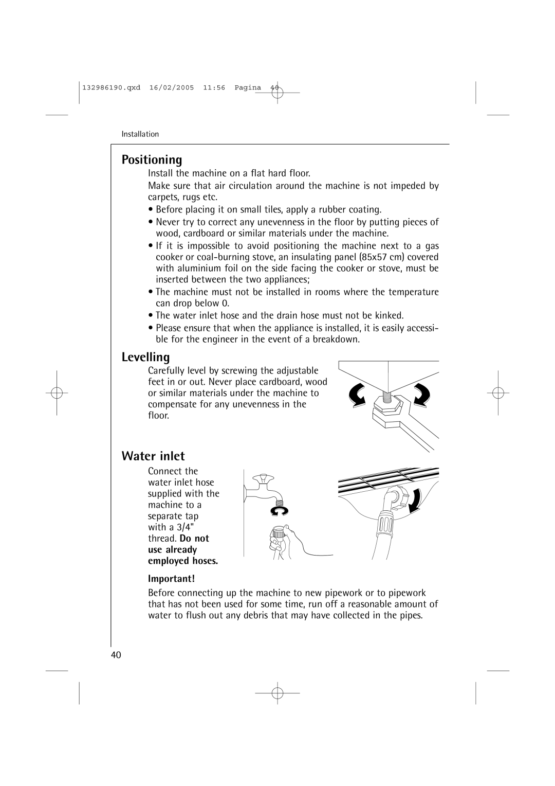 AEG 1046 EL, 1246 EL manual Positioning, Levelling, Water inlet 