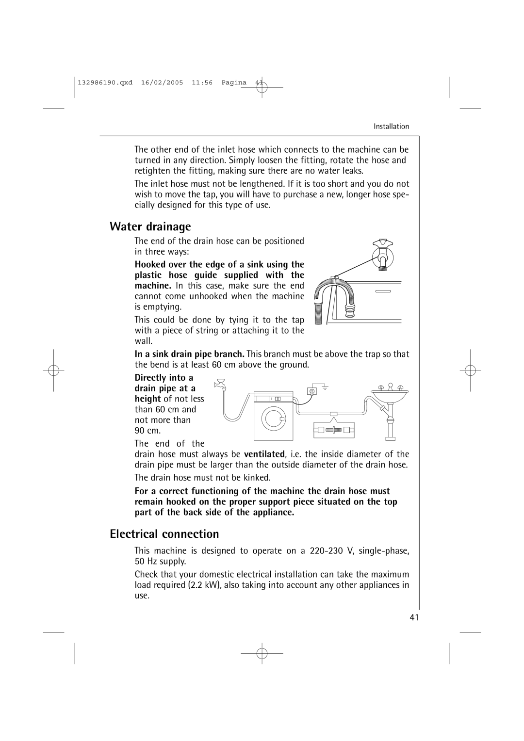 AEG 1246 EL, 1046 EL manual Water drainage, Electrical connection 