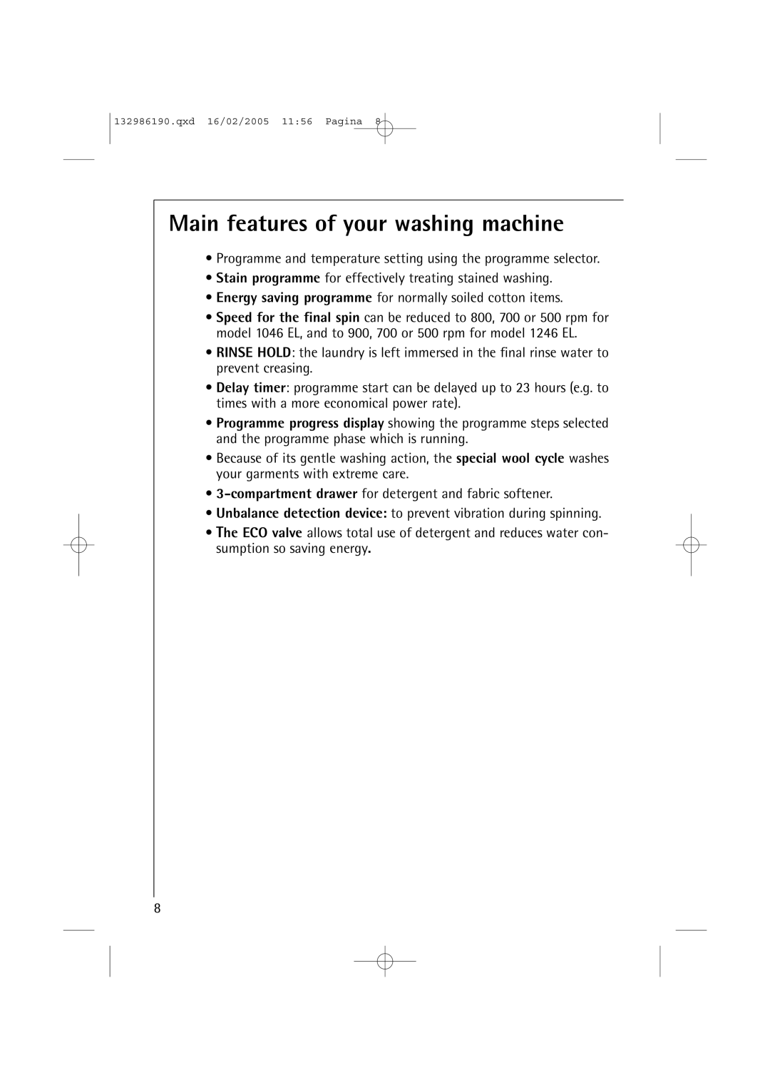 AEG 1046 EL, 1246 EL manual Main features of your washing machine 