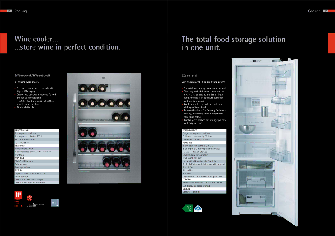 AEG 105 manual SW98820-5L/SW98820-5R, SZ91842-4i, In-column wine cooler, ‘A+’ energy rated in-column food centre 