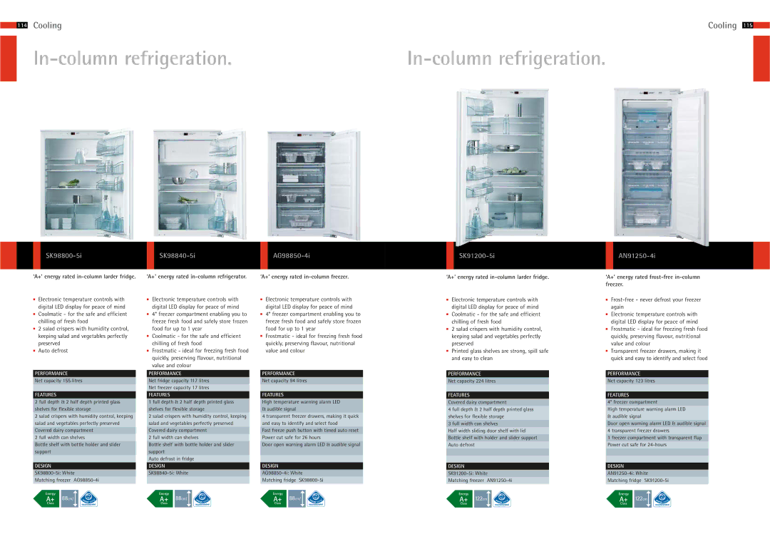 AEG 105 manual In-column refrigeration, SK98800-5i SK98840-5i AG98850-4i, SK91200-5i, AN91250-4i 