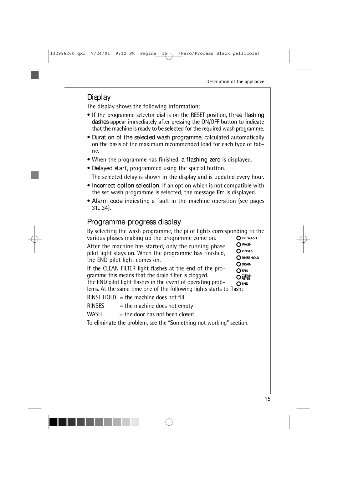 AEG 10500 VI manual Programme progress display, Display shows the following information 