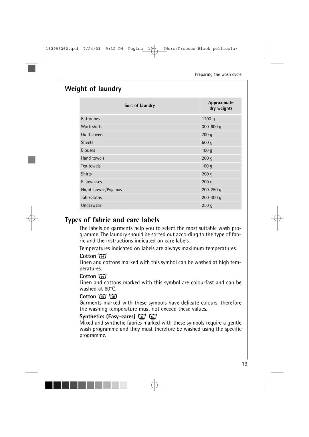 AEG 10500 VI manual Types of fabric and care labels, Cotton, Synthetics Easy-cares 