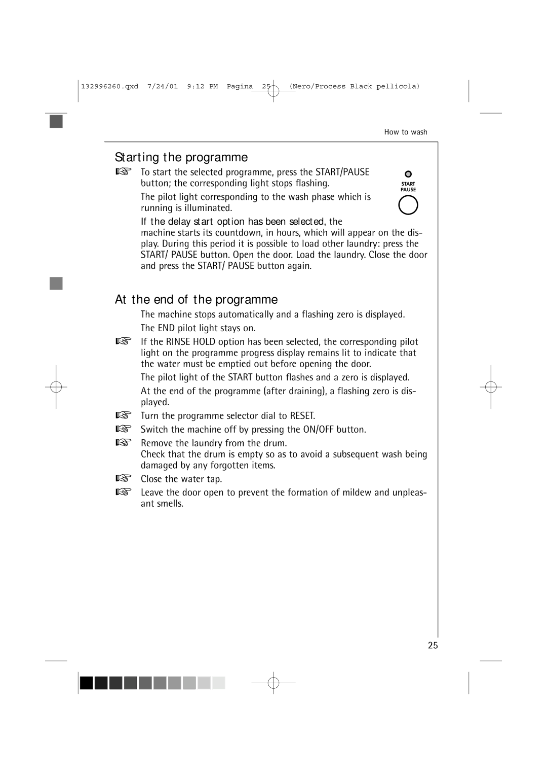 AEG 10500 VI manual Starting the programme, At the end of the programme, If the delay start option has been selected 