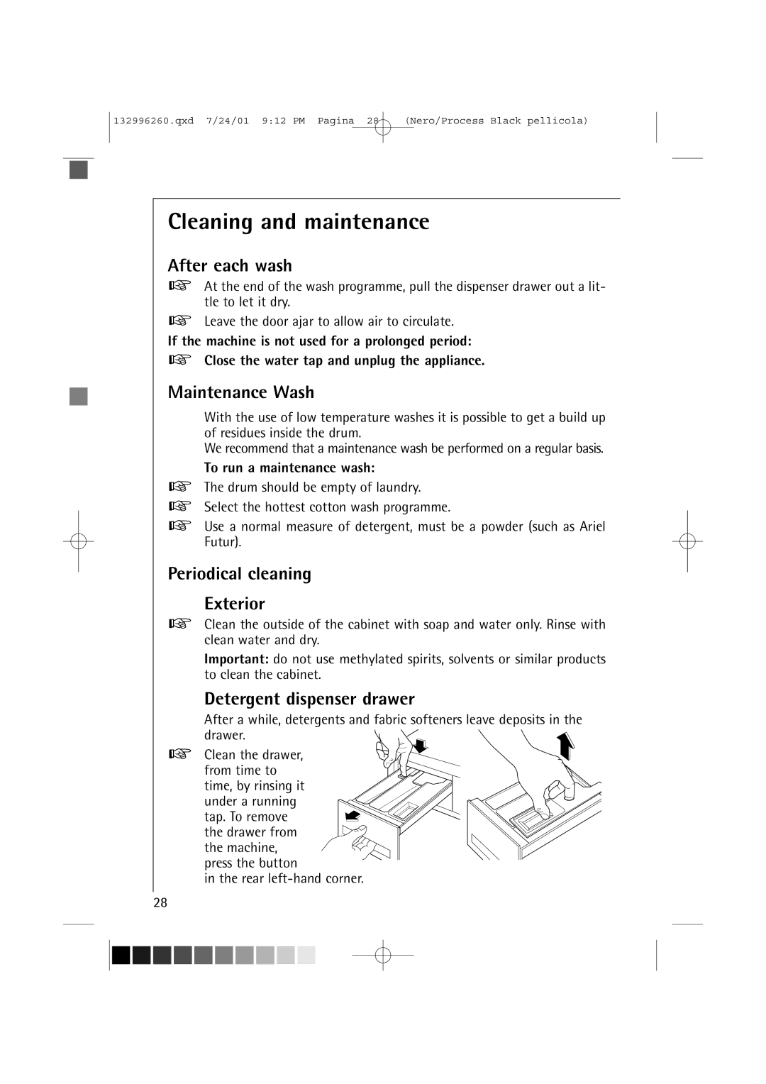 AEG 10500 VI manual Cleaning and maintenance, After each wash, Maintenance Wash, Periodical cleaning Exterior 