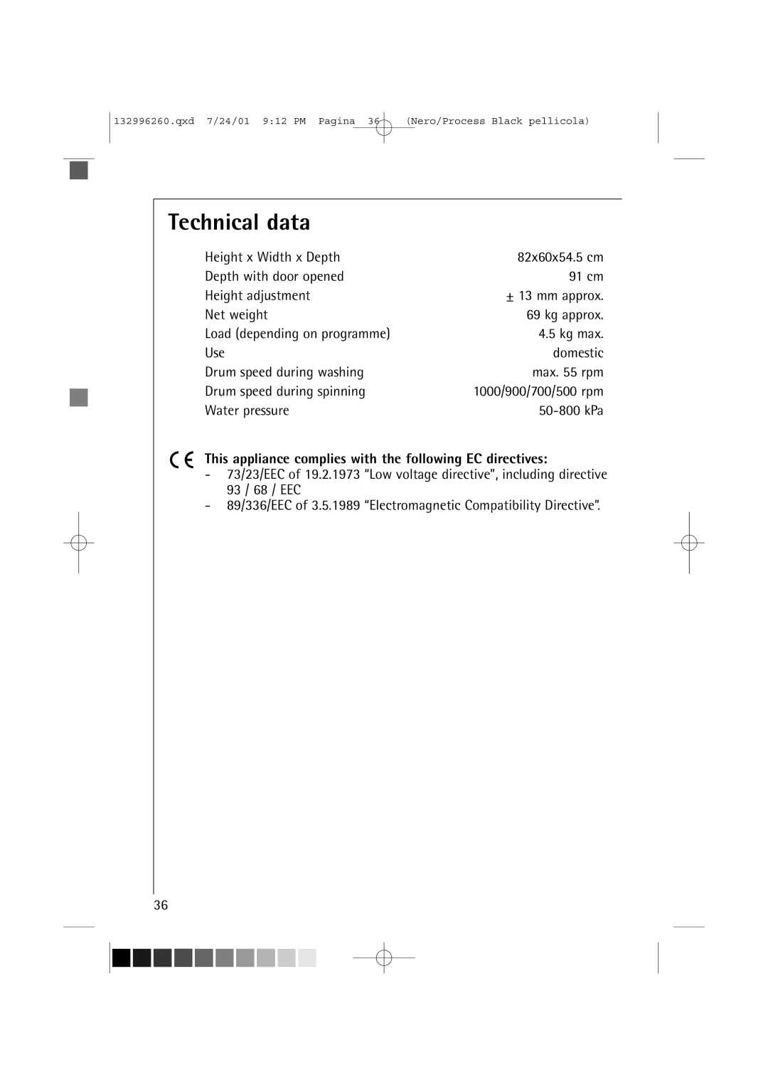 AEG 10500 VI manual Technical data, Water pressure 50-800 kPa, This appliance complies with the following EC directives 