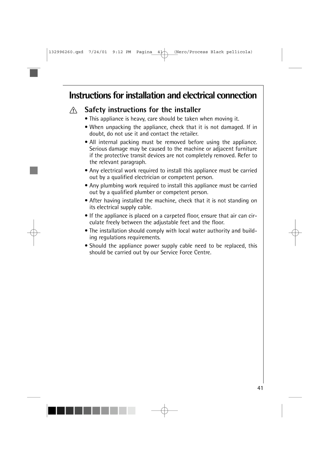 AEG 10500 VI manual Instructions for installation and electrical connection, Safety instructions for the installer 