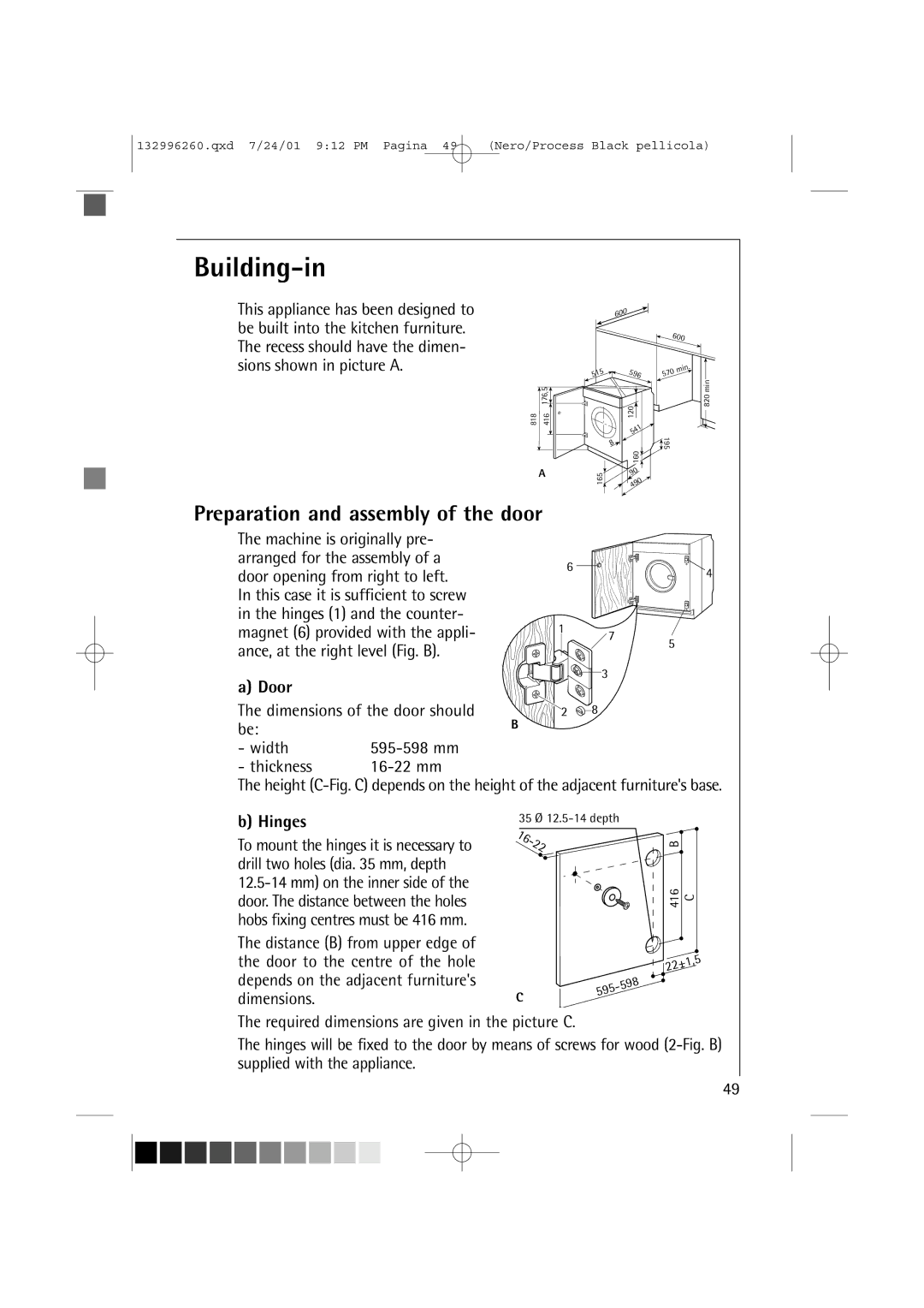 AEG 10500 VI manual Building-in, Preparation and assembly of the door, Door, Hinges 